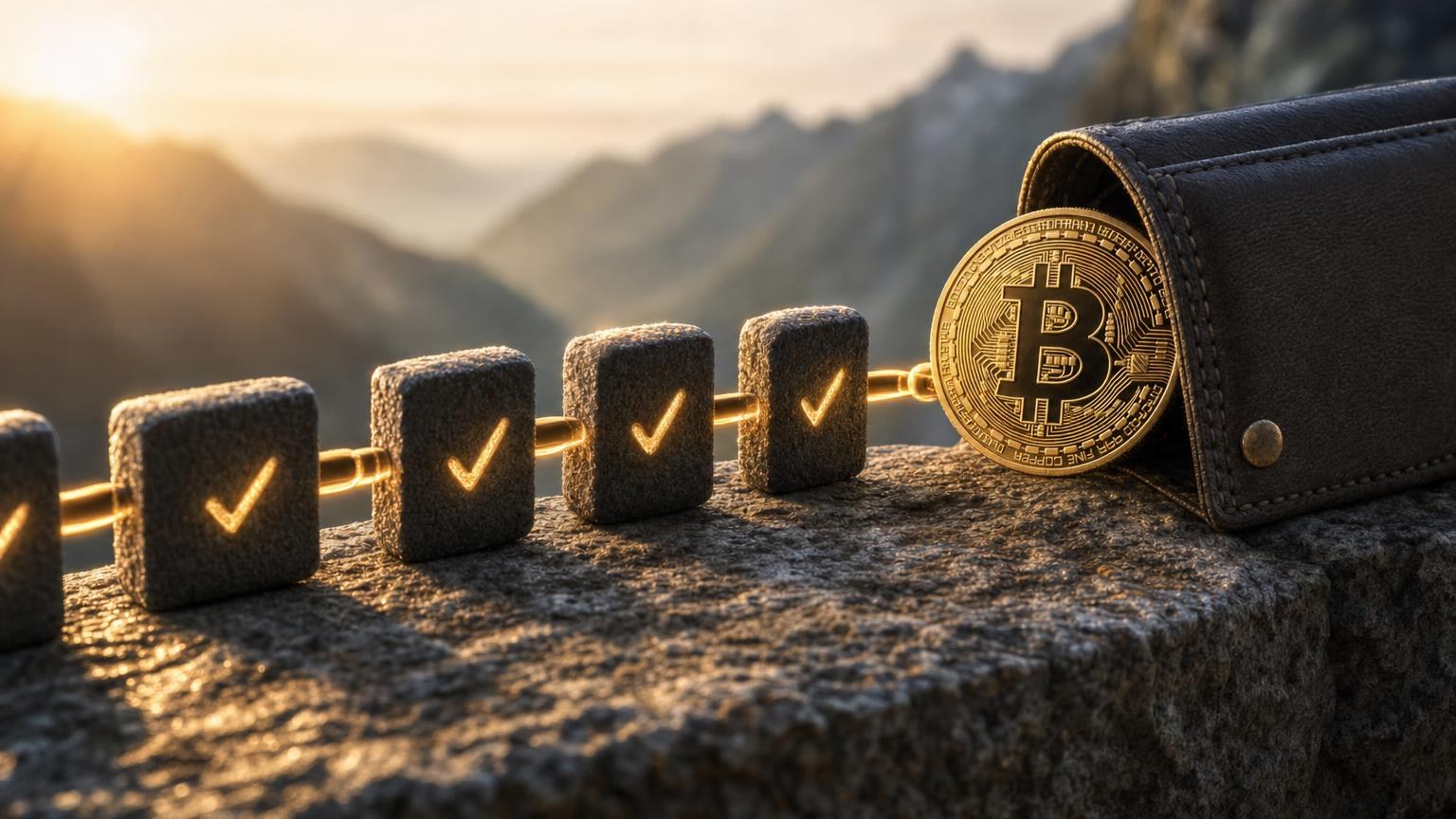 A Bitcoin transaction progressing from broadcast to confirmed status while an exchange checks the BTC address, network, amount, and block confirmations